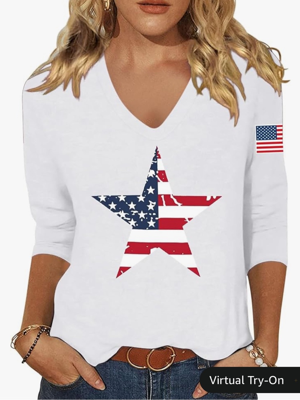 Women’s V-Neck Long Sleeve Top with American Star Graphic - White